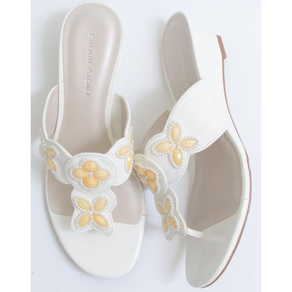 ETIENNE AIGNER KYROS Size 9 Leather‎ Beaded Summer Thong Wedge Sandals